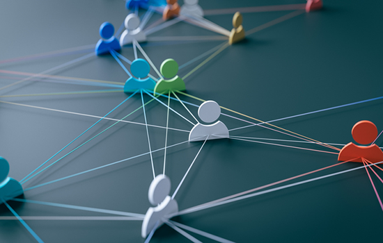 Abstract illustration of multicolored person icons connected by intersecting lines on a dark background, representing relationships and collaboration within a network.