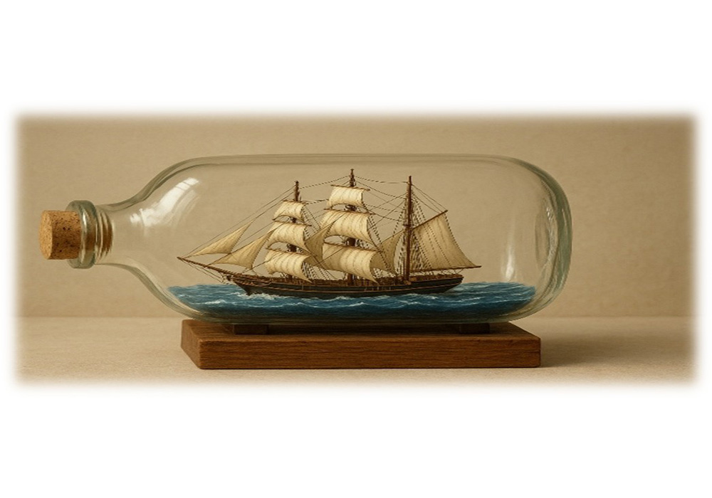 A fully assembled ship in a bottle.