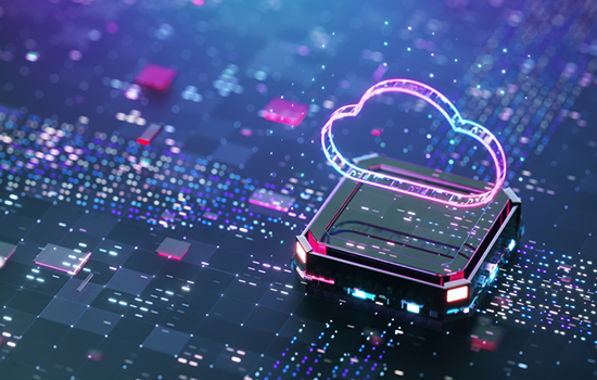 A board of technological components with cloud floating above it