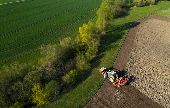 A tractor sows a field in the spring
