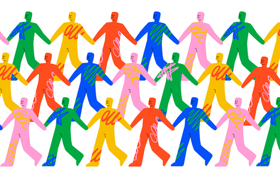 Colorful illustrated figures holding hands in a repeating pattern, symbolizing collaboration, connection, and community.
