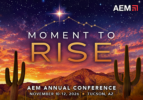 Promotional graphic for the AEM Annual Conference featuring a desert landscape with cacti at sunset, a starry sky above, and the headline “Moment to Rise,” along with event details: November 10–12, 2026, in Tucson, Arizona, and the AEM logo.